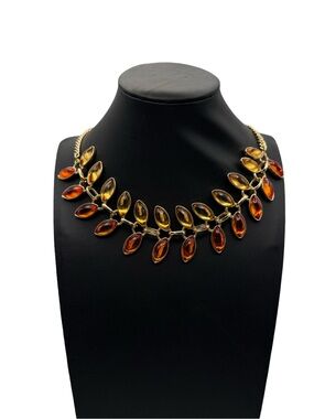 Vintage Nena Amber Rhinestone Marquise Leaf Laurel Gold Tone Statement Necklace